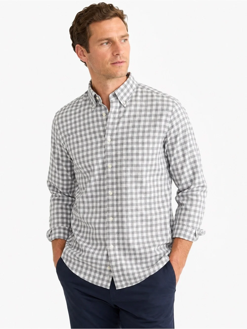 J.Crew Secret Wash Gingham Organic Cotton Button Down Shirt Gray White XL